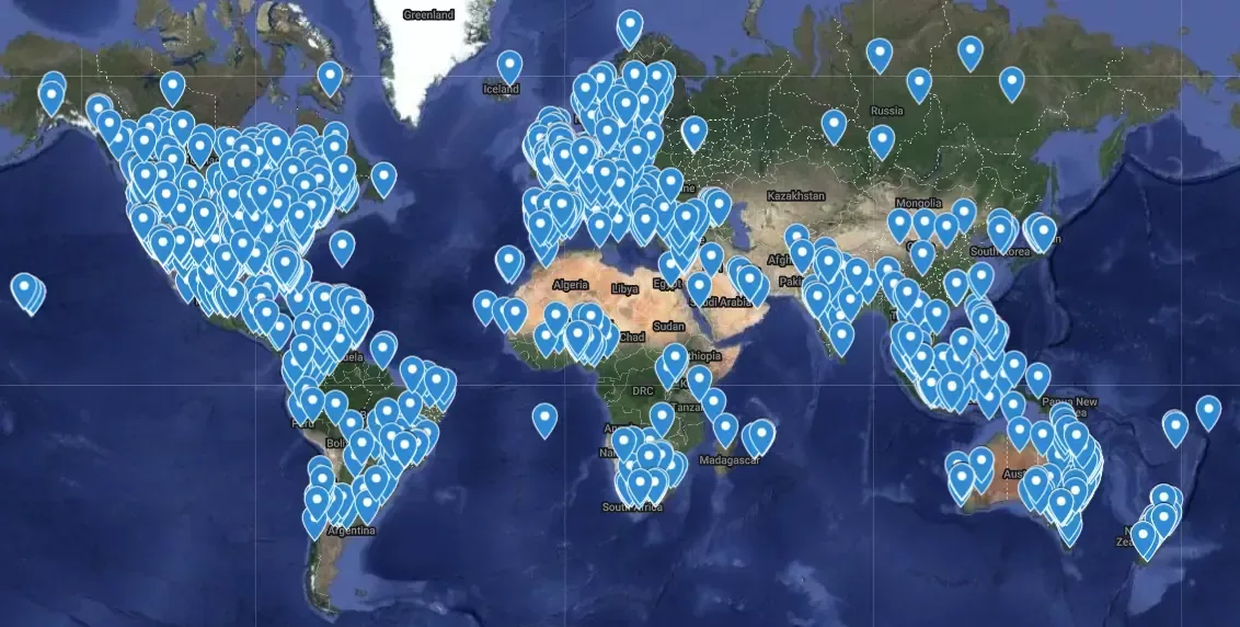 Map with pins showing the worldwide students of jazz guitarist, Robert Conti